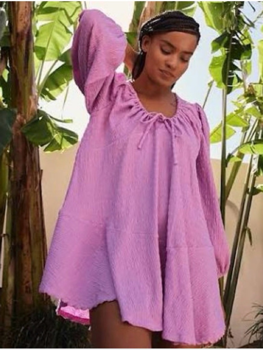 Free People Beach Anderson Mini Dress Cinch Boat Neck Pink CoverUp Puff Sleeve L